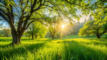 Sun shining through trees in idyllic green field