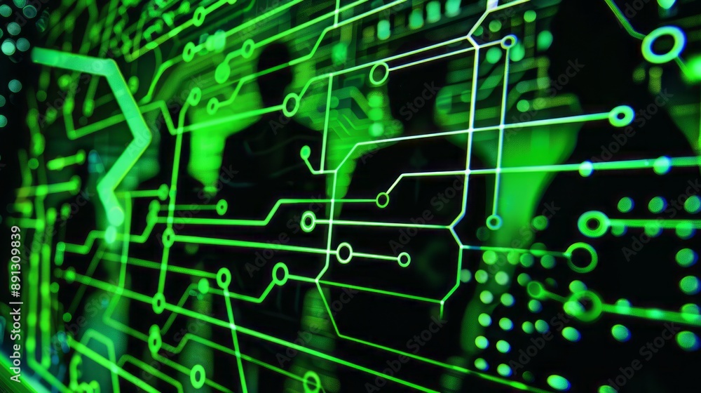 Poster abstract green circuit board pattern with blurred background