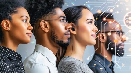 Diverse Group of People Looking Forward With Technology Overlaid