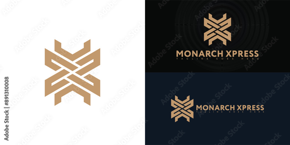 Poster abstract initial hexagon letter mx or xm logo in gold color isolated on multiple background colors. 