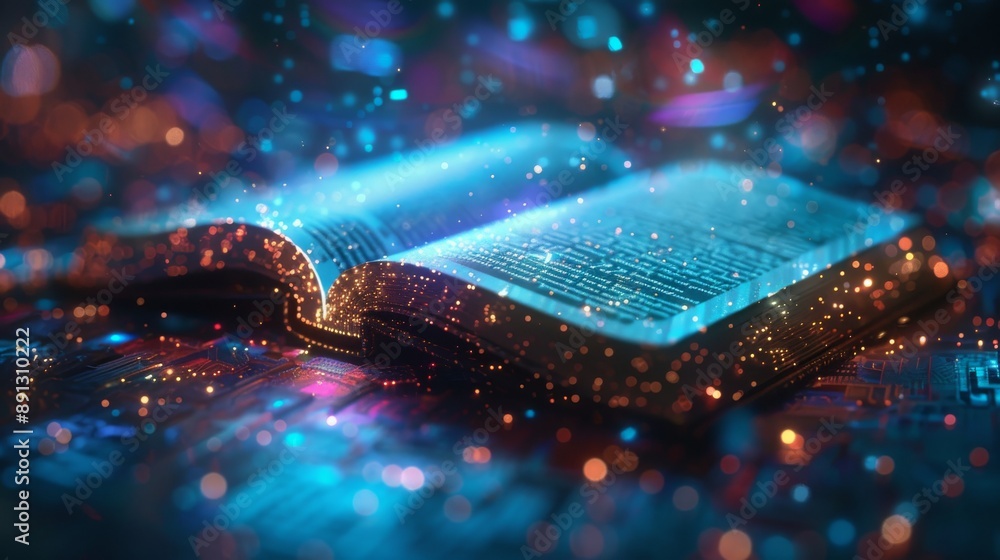 Poster open e book on a high-tech digital device with holographic elements in the background generative ai