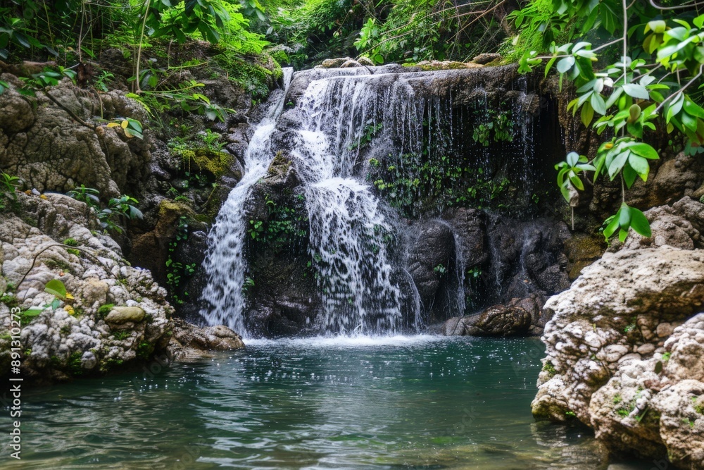 Poster tranquil waterfall cascading over rocks in lush green forest