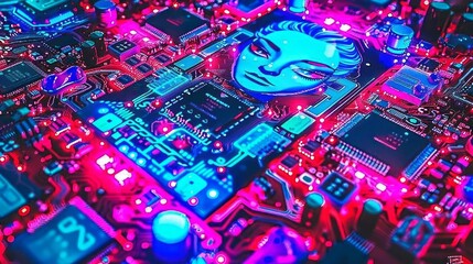 Neon Blue Female Face on Circuit Board With Pink and Blue LEDs
