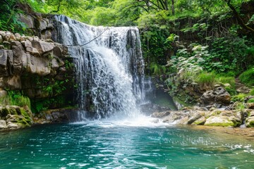 Fototapeta premium Beautiful waterfall cascading from moss covered rocks in tropical forest