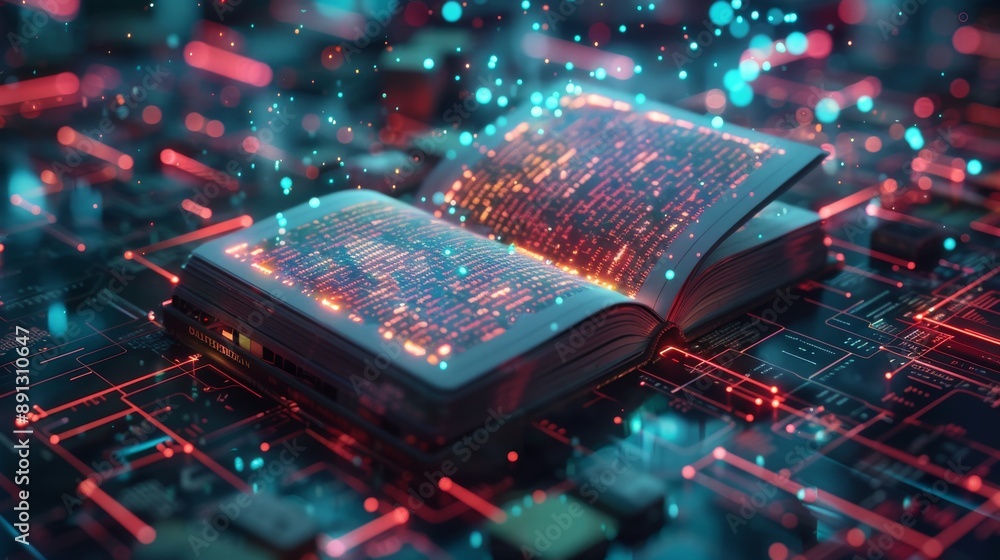 Poster open e book on a high-tech digital device with holographic elements in the background generative ai