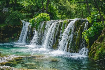 Pure fresh water cascading down waterfall in green lush forest