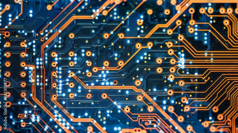 Poster close-up view of a circuit board with illuminated traces