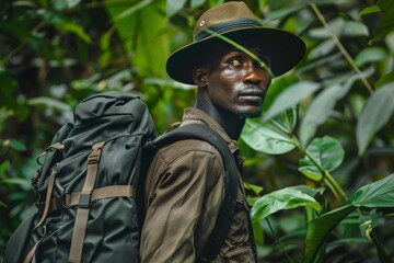 Fototapeta premium Park ranger walking through lush tropical rainforest