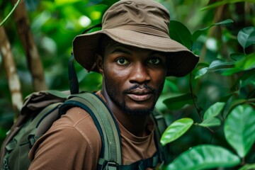 Fototapeta premium Young male explorer hiking through tropical jungle foliage