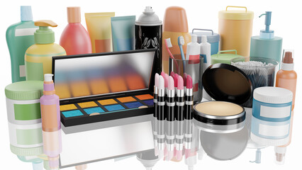 Cosmesi, cosmetici. Set da bagno e di bellezza su sfondo bianco con riflesso.