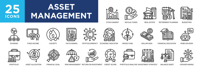 Asset Management, business, investment, management, finance, financial icon set. icons collection. Simple vector illustration