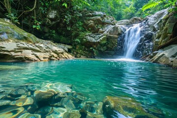 Turquoise waterfall cascading into tranquil jungle pool