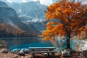 Obraz premium Autumn Lakeside Picnic with Vivid Foliage and Mountain Scenery - Nature Relaxation