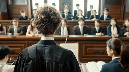 Obraz premium Legal Justice Served: Judge Delivering Verdict in Courtroom with Lawyers Reacting