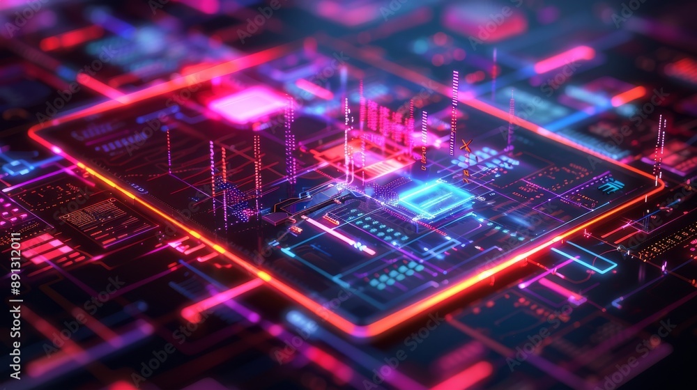 Poster digital textbook on a modern tablet, with neon graphics and a futuristic environment generative ai