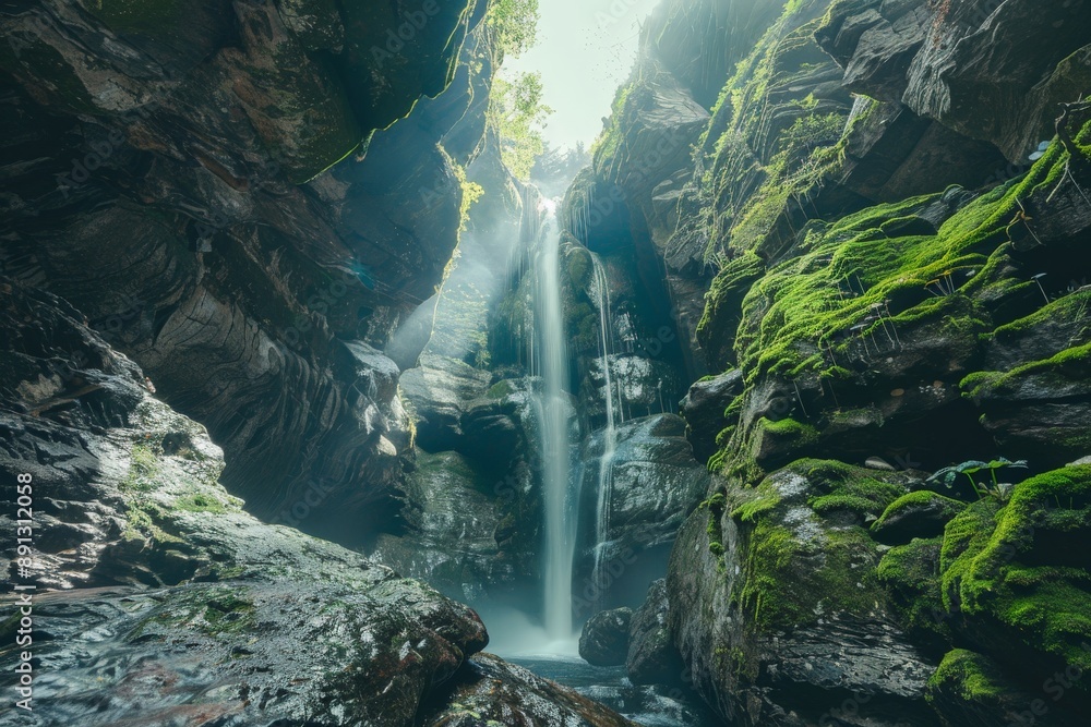 Poster beautiful waterfall cascading down moss covered rocks in deep canyon
