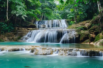 Naklejka premium Beautiful waterfall cascading down lush green moss covered rocks