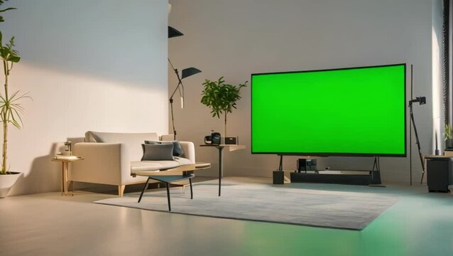 Modern Living Room with Green Screen TV