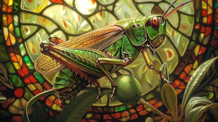 Close-Up of a Vibrant Grasshopper on a Leaf with Stained Glass Background