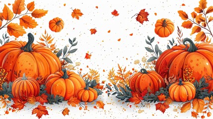 Naklejka premium vector, illustation, Autumn panoramic background with pumpkins pattern, vector. Happy Thanksgiving greeting card