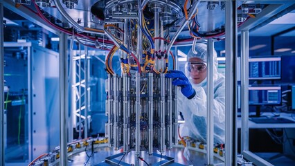 Technician working on a cryogenic quantum computer setup 