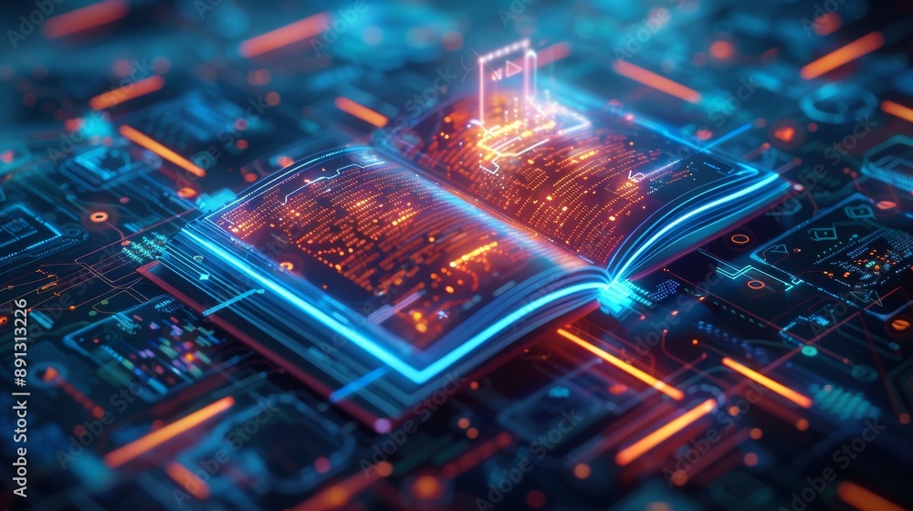 Poster interactive digital book on a sleek touch screen, surrounded by advanced technology icons generative