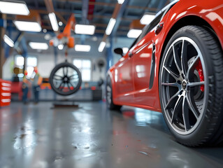 3D Rendering Car Wheel in Auto Repair Shop, Illustrating Precision and Expertise in Automotive Maintenance