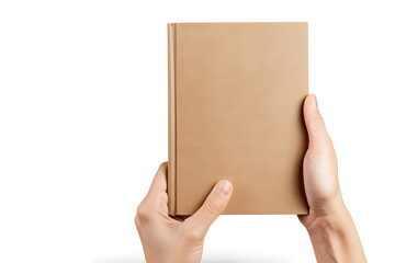 Obraz premium Top view Hand Holding Hardcover Book Mockup isolated on white background