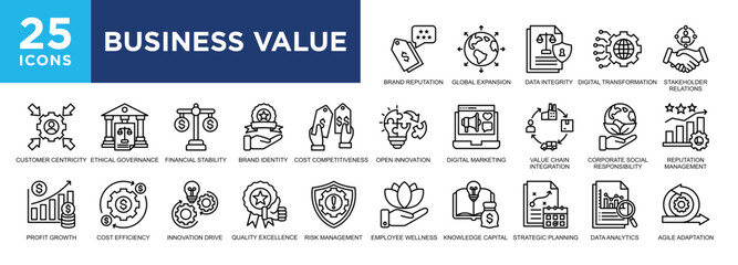 Business Value, growth, strategy, management, company, investment icon set. icons collection. Simple vector illustration