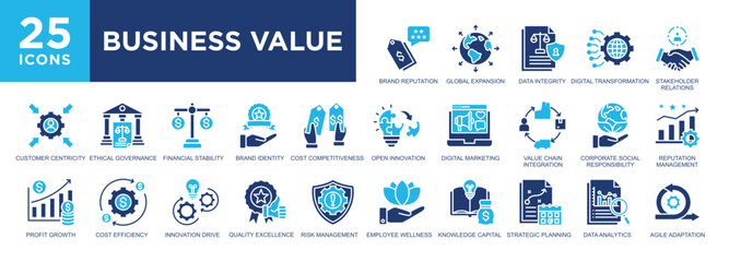 Business Value, growth, strategy, management, company, investment icon set. icons collection. Simple vector illustration