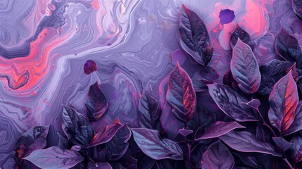 Abstract Marble Texture with Vibrant Purple and Pink Tropical Leaves