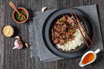 Bulgogi, Korean BBQ Beef with rice, top view