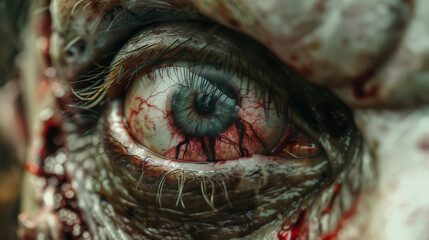Obraz premium Close-up of a zombie eye, with bloodshot veins and a lifeless stare