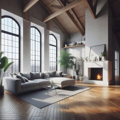 Interior of cozy living room with fireplace in loft style 