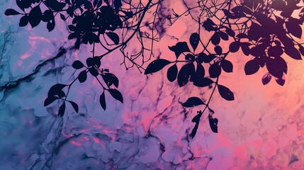 Abstract Silhouettes of Leaves against Colorful Textured Background with Pink and Blue Hues