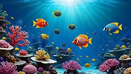 Fototapeta premium Vibrant coral reef with colorful fish swimming peacefully.