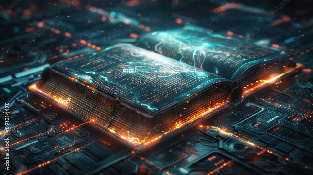 Poster high resolution ebook on a digital device, with a scifi styled interface and background generative a