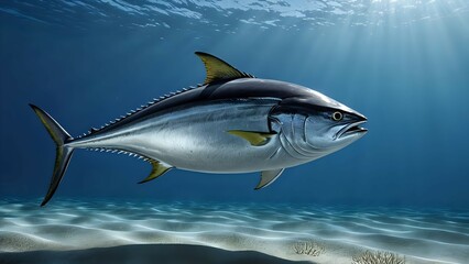 Obraz premium A large tuna swims through the clear blue water.