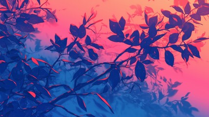 Vivid Abstract Botanical Art with Vibrant Gradient Background and Dark Blue Leaves
