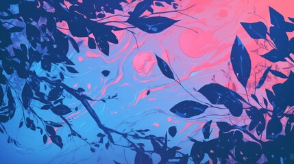 Enchanted Twilight Forest Silhouette with Colorful Abstract Sky
