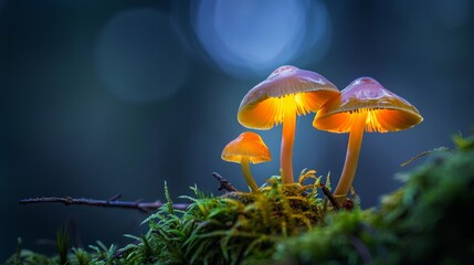 Fototapeta premium Glowing Mushrooms in a Mystical Forest at Dusk with Dew-Covered Moss and Soft Bokeh Lights