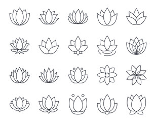 Vector water lily icon. Yoga lotus symbol, flower of well-being and healthy lifestyle, elegant blooming. Editable stroke thin line set. Natural simple plant elements on white background