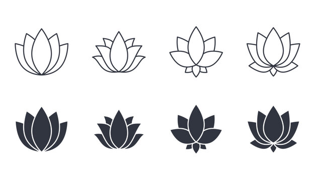 Vector water lily icon. Yoga lotus symbol, flower of well-being and healthy lifestyle, elegant blooming. Natural simple plant elements on white background. Editable stroke thin line, black solid set