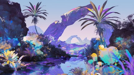 Vibrant Fantasy Landscape with Alien Flora and Majestic Rock Arch at Sunset