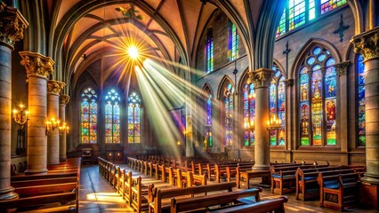 Fototapeta premium Sunrays shining through stained glass windows of church