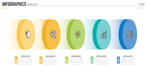 Circular isometric infographic template or element with 5 step, process, option, colorful 3D circle, tag, button, label, icons, row, bar, funnel, fishbone, tree diagram for sale slide, web, flowchart