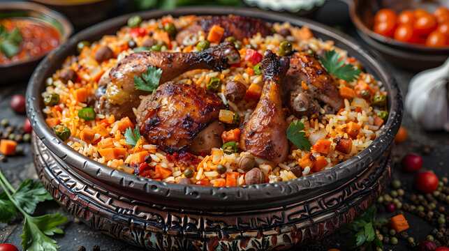 Top view of chicken mandi, national dish of Saudi Arabia, chicken kabasa with rice mandi,