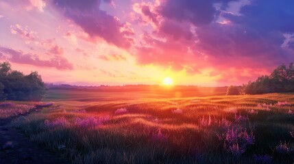 Obraz premium Vibrant Sunset Over Lush Meadow with Colorful Sky and Rolling Clouds