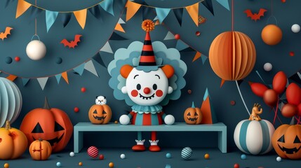 Naklejka premium Playful Clown Percut in Spooky Halloween Setting - Flat Design Concept