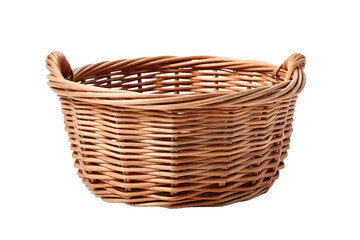 A Handcrafted Wicker Basket With Intricate Weaving and Two Handles on a Clear PNG or White Background.